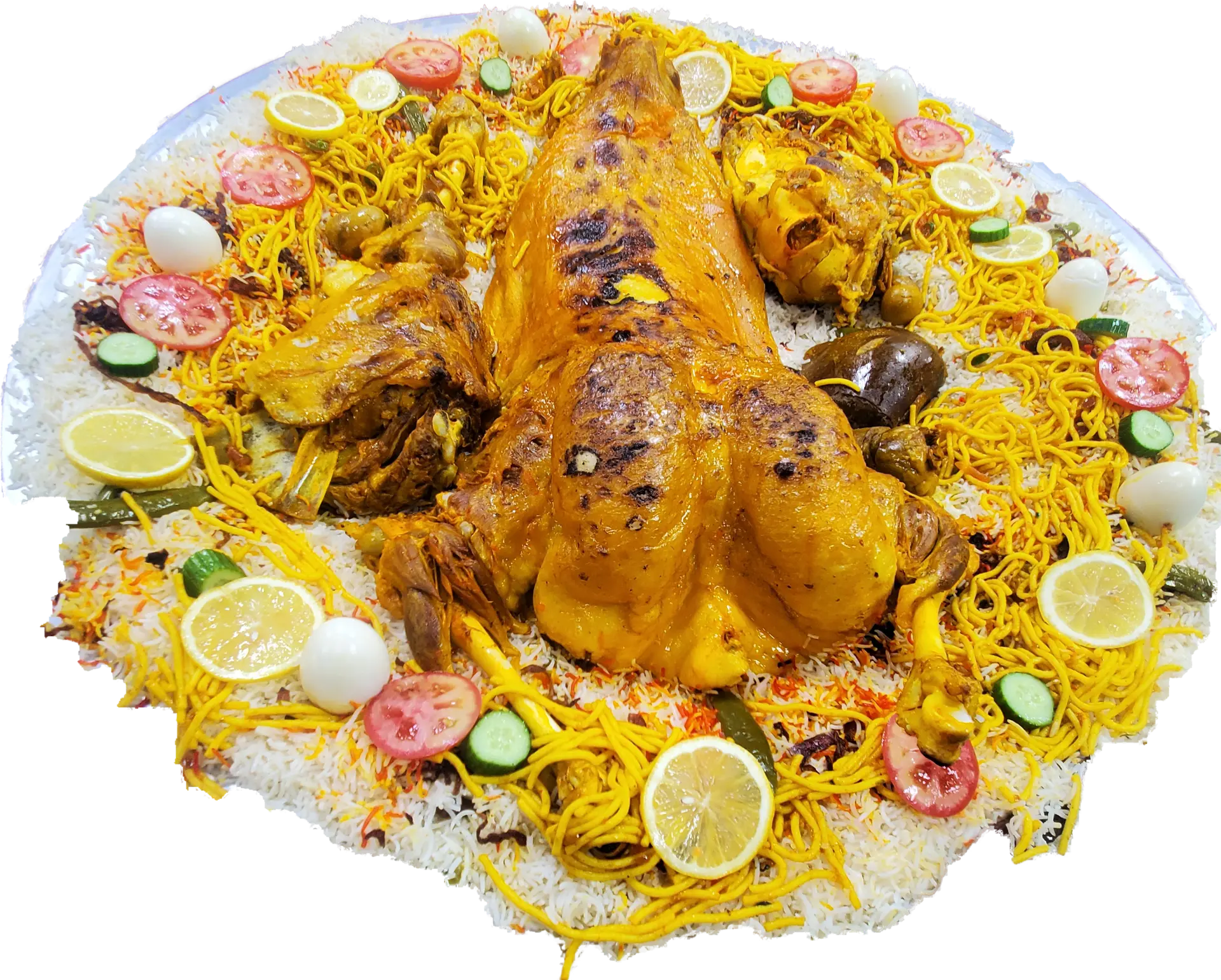 ذبيحة كاملة مفطحة على أرز المندي لمناسبات مطعم شعبيات القوافل
